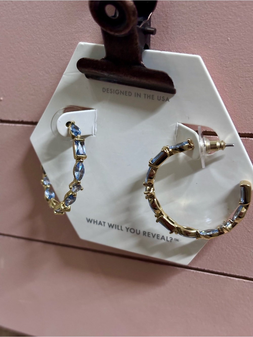 NWT sought-after Gold Hoop Earrings with Light Blue Gem Accents